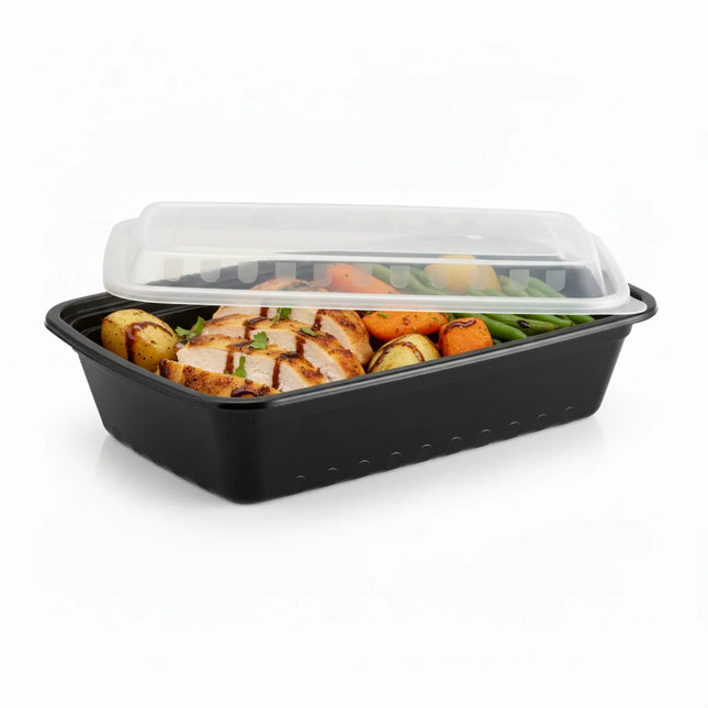 38 oz Black PP Rectangular Food Container with Clear Lid - angled view with lid