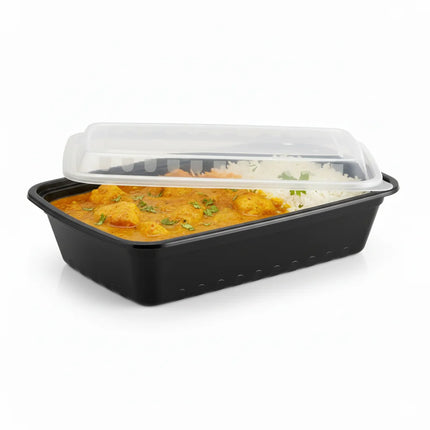 38 oz Black PP Rectangular Food Container with Clear Lid - stacked view