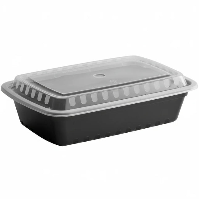 39 oz Black PP Rectangular 3-Compartment Food Container with Clear Lid