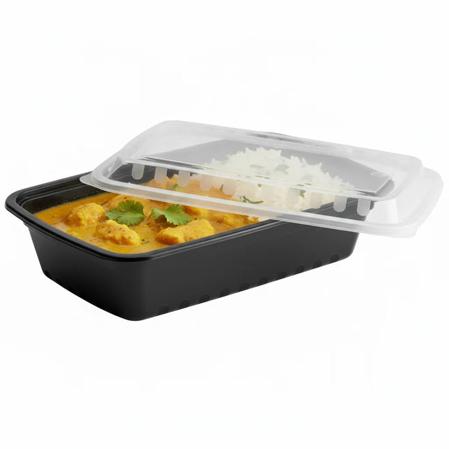 39 oz Black PP Rectangular 3-Compartment Food Container with Clear Lid - angled view with lid