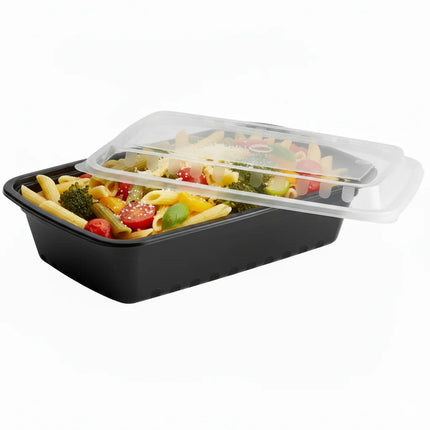 39 oz Black PP Rectangular 3-Compartment Food Container with Clear Lid - stacked view