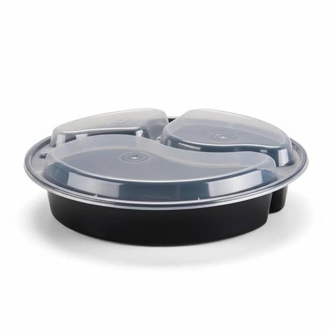39 oz Black PP Round 3-Compartment Food Container with Clear Lid