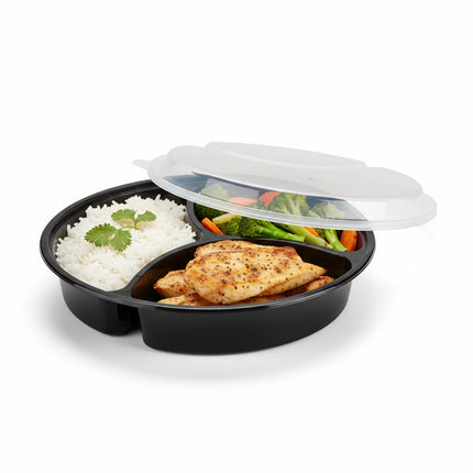 39 oz Black PP Round 3-Compartment Food Container with Clear Lid - angled view with lid