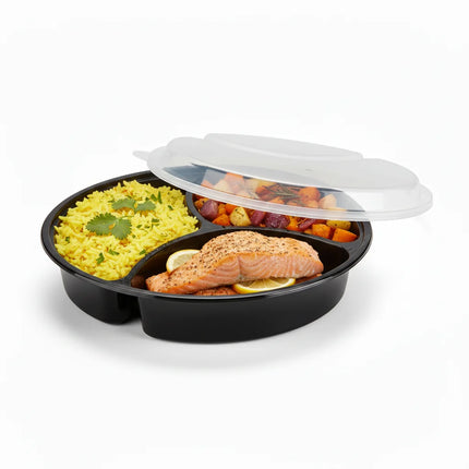 39 oz Black PP Round 3-Compartment Food Container with Clear Lid - stacked view