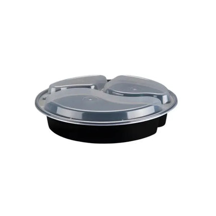 39 Oz Black Round Microwavable Container with Clear Lid - 3 Compartment - 150/Case