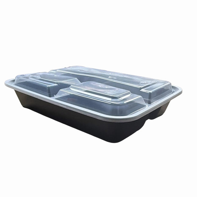 39 oz Black PP Rectangular 3-Compartment Food Container with Clear Lid - 150/Case