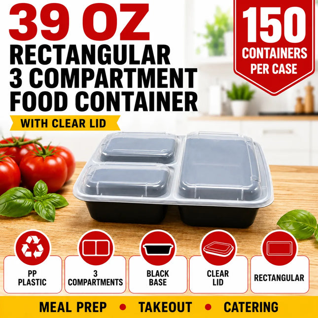 39 oz Black PP Rectangular 3-Compartment Food Container with Clear Lid - 150/Case