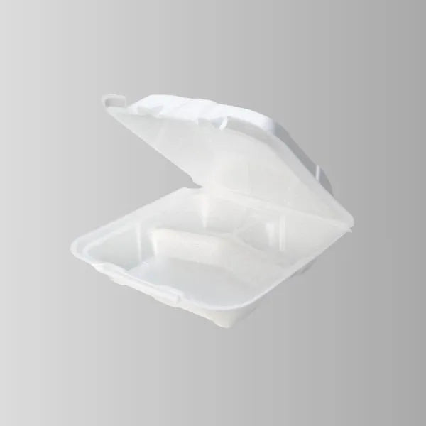 Foam Pak FP9003 White Foam Hinged Lid Large Container 9" x 9" x 3" - 3 Compartment – 200/Case