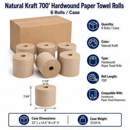 Six natural kraft hardwound paper towel rolls displayed in front of a brown cardboard case, with product specifications and dimensions shown in a clean catalog layout.