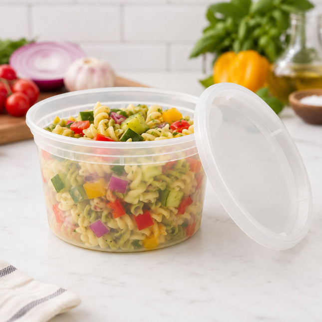 A clear plastic round food storage container filled with pasta salad, shown with its lid leaning against it on a white marble countertop. The background is a softly blurred kitchen scene with fresh vegetables and herbs.