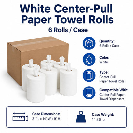 White Center-Pull Paper Towel Rolls - 6/Case