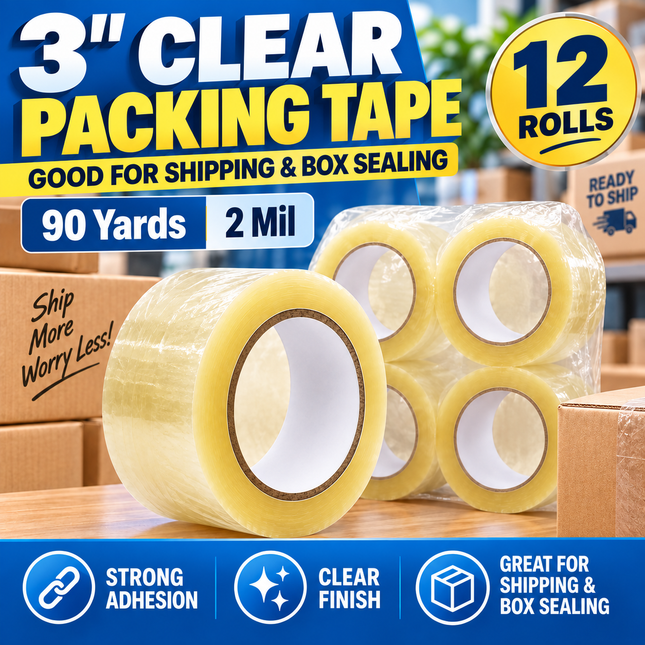 3" Clear Packing Tape, 90 Yards, 2 Mil – 12 Rolls