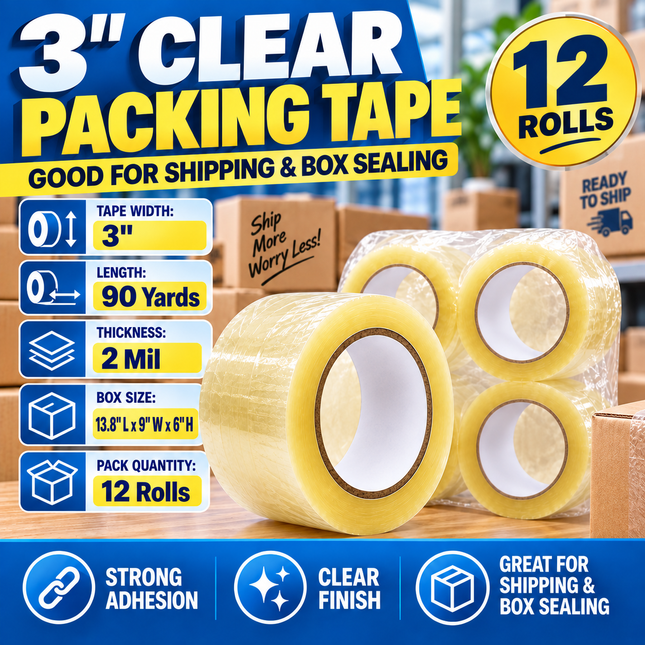 3" Clear Packing Tape, 90 Yards, 2 Mil – 12 Rolls