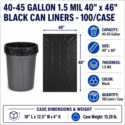 Black 1.5 mil trash can liner packaging graphic showing a gray trash can with a black liner, a flat black liner panel with dimensions, and product specs including 40-45 gallon capacity, 40 x 46 inch size, 1.