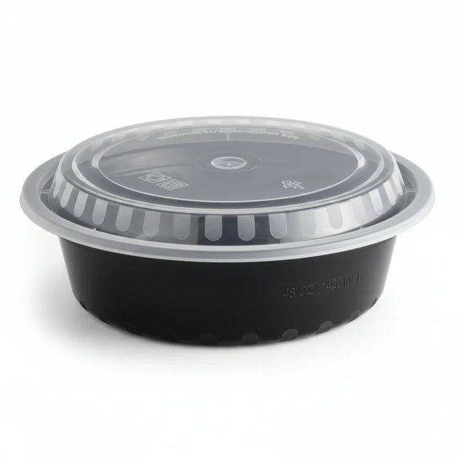 48 oz Black PP Round Food Container with Clear Lid