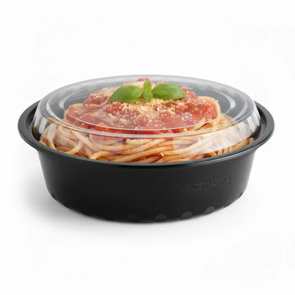 48 oz Black PP Round Food Container with Clear Lid - angled view with lid