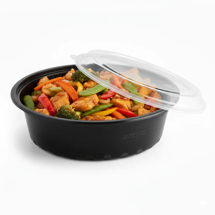 48 oz Black PP Round Food Container with Clear Lid - stacked view