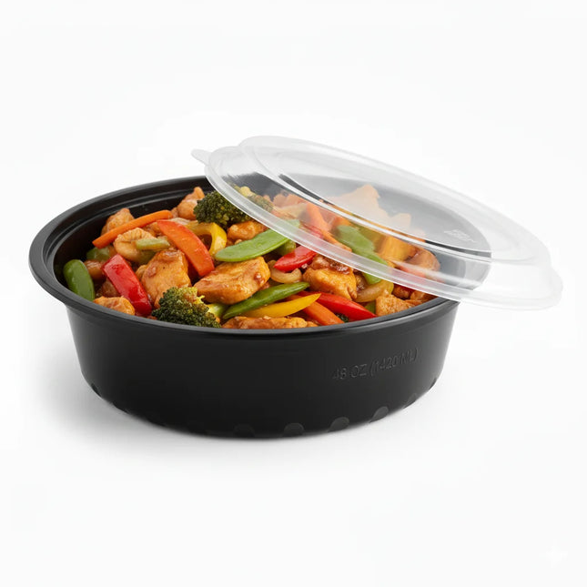 48 oz Black PP Round Food Container with Clear Lid - stacked view