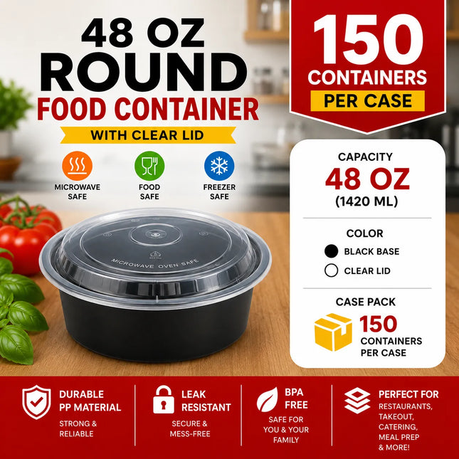 48 oz Black PP Round Food Container with Clear Lid - 150/Case