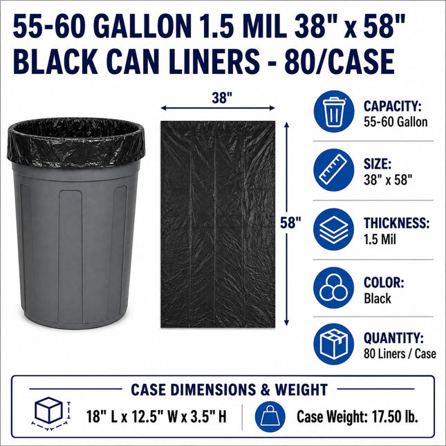 Black can liners for 55-60 gallon trash cans, shown as a single liner package and a liner inside a gray trash can. The graphic includes dimensions (38 x 58 inches), capacity, thickness, color, and quantity details.
