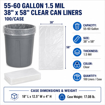 55-60 Gallon 1.5 Mil 38" x 58" Clear Can Liners - 100/Case
