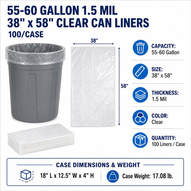 55-60 Gallon 1.5 Mil 38" x 58" Clear Can Liners - 100/Case