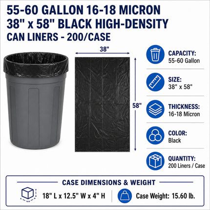 Black high-density can liner set shown on a gray trash can, with product dimensions, capacity, thickness, color, and quantity details on a white and blue infographic background.