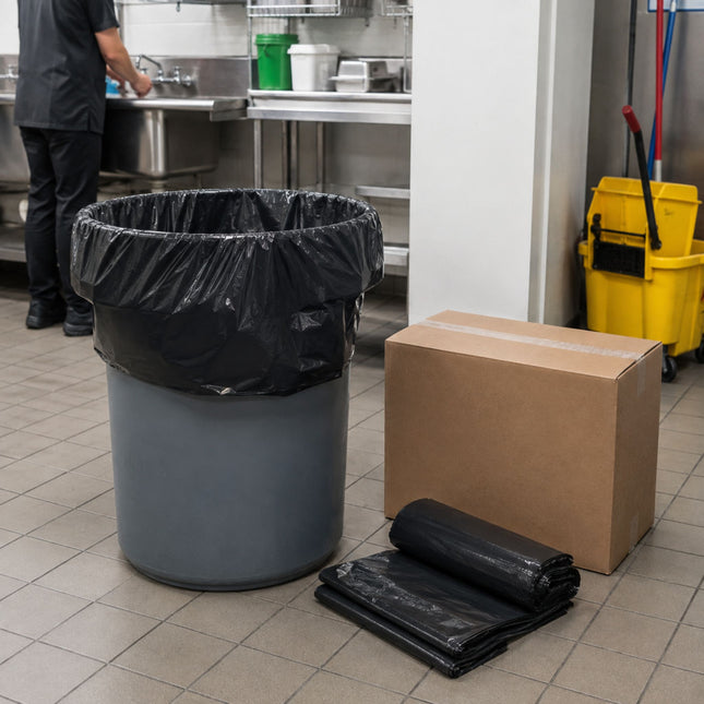 A gray trash can with a black plastic liner, a brown cardboard box, and a stack of folded black plastic bags on a tiled floor in a commercial kitchen setting.