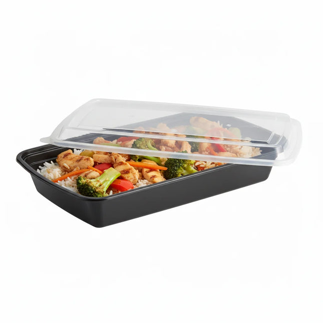 58 oz Black PP Rectangular Food Container with Clear Lid - angled view with lid