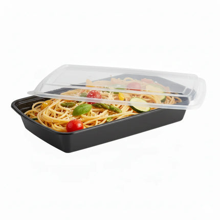 58 oz Black PP Rectangular Food Container with Clear Lid - stacked view