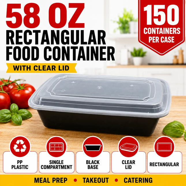 58 oz Black PP Rectangular Food Container with Clear Lid - 150/Case