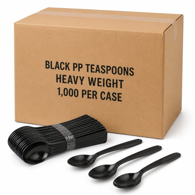 A bulk pack of black plastic heavy-duty teespoons displayed with a brown cardboard box labeled 'BLACK PP TEASPOONS HEAVY WEIGHT 1,000 PER CASE' on a white background.