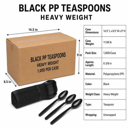 Black PP heavy-duty teespoons shown with a brown cardboard case, a bundled set of spoons, three individual spoons, and a dimension/specification table on a white background.