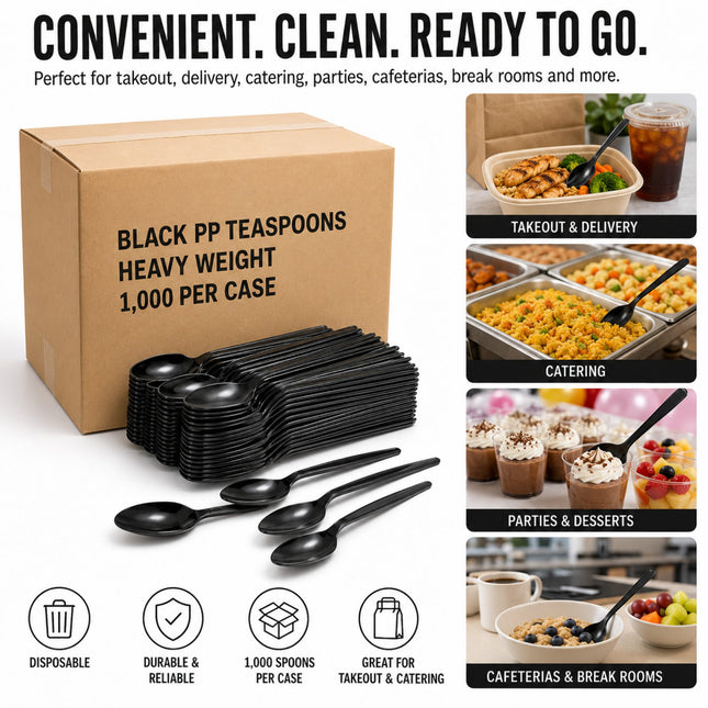 Black plastic heavy-duty tea spoons shown with a large brown cardboard box labeled 'BLACK PP TEASPOONS HEAVY WEIGHT 1,000 PER CASE' on a white background. The right side includes food-service usage photos (takeout, catering, parties, desserts, cafeterias), and the top text reads 'CONVENIENT.