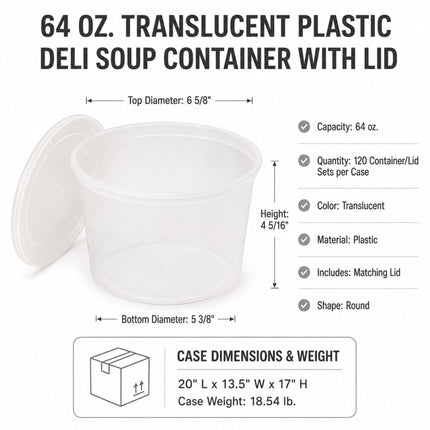 64 oz. Heavy-Duty Microwavable Translucent Plastic Deli Soup Containers with Lids - 120/Case