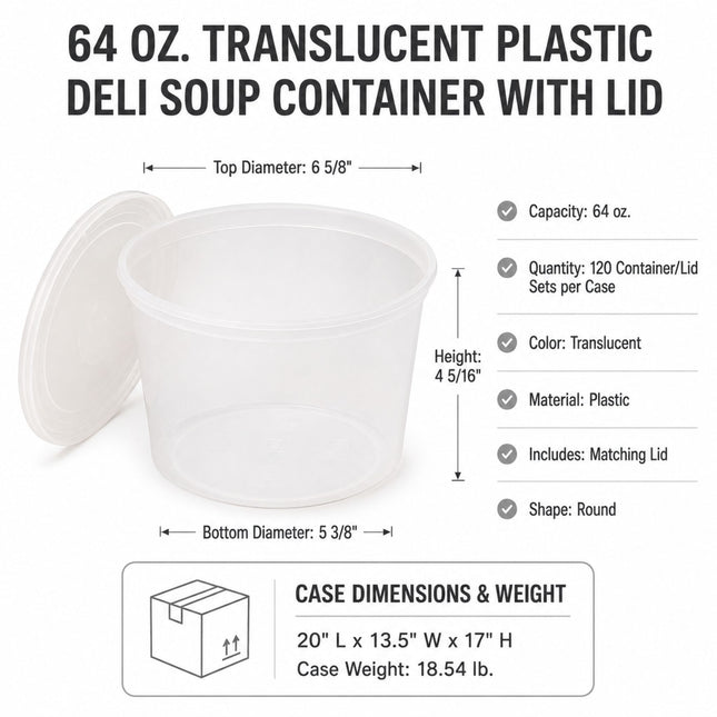 64 oz. Heavy-Duty Microwavable Translucent Plastic Deli Soup Containers with Lids - 120/Case
