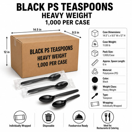 Black PS teespoons shown with a brown cardboard box, individual wrapped spoons, and a product information panel on a white background. Text at the top reads 'BLACK PS TEESPOONS HEAVY WEIGHT 1,000 PER CASE' with dimensions and feature icons below.