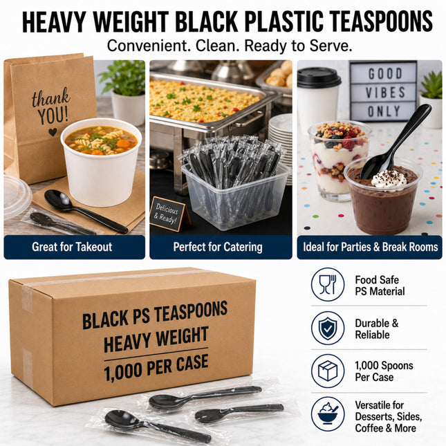 A promotional collage for heavy weight black plastic teespoons, showing a brown cardboard box labeled 'BLACK PS TEASPOONS HEAVY WEIGHT 1,000 PER CASE,' several black spoons, cups of food, party and catering use cases, and feature icons including 'Food Safe PS Material,' 'Durable & Reliable,' and '1,000 Spoons Per Case.'.