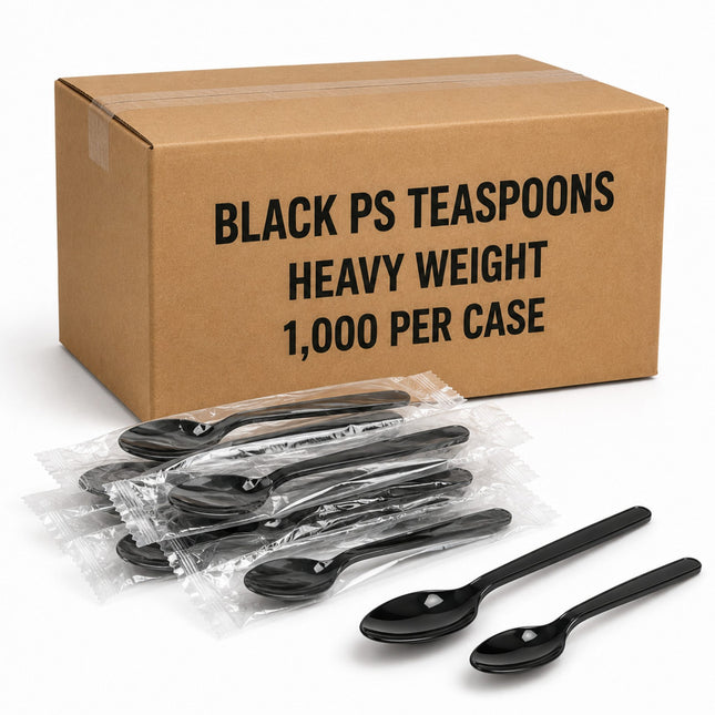 A brown cardboard box labeled 'BLACK PS TEASPOONS HEAVY WEIGHT 1,000 PER CASE' with several individually wrapped black plastic teaspoons in clear bags and two loose black teaspoons in front, on a white background.