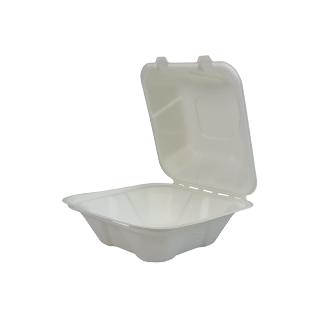 Bagasse Clamshell Take-out Container 6" x 6" x 3" - 1 Compartment 500/Case