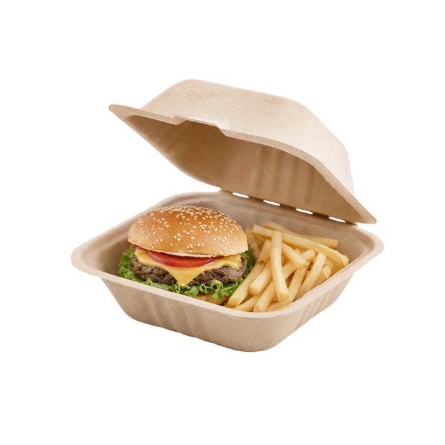 Bagasse Clamshell Take-out Container 6" x 6" x 3" - 1 Compartment 500/Case