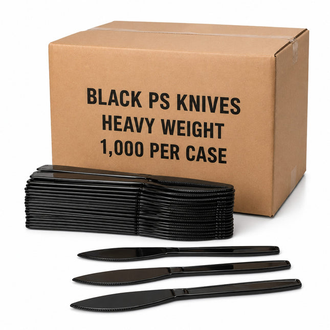 A brown cardboard shipping box labeled 'BLACK PS KNIVES HEAVY WEIGHT 1,000 PER CASE' with a stack of black plastic knives and three loose black plastic knives in front, on a white background.