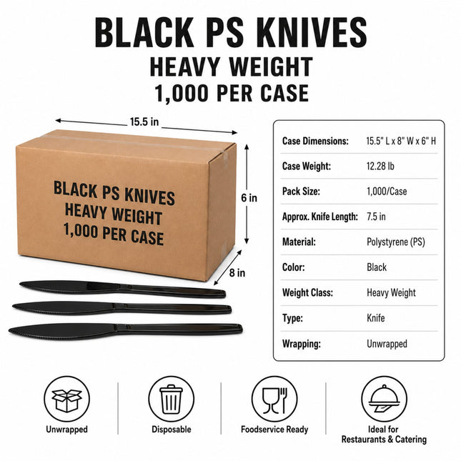 Black PS plastic heavy weight knives shown with their brown cardboard shipping box and a product specification table on a white background. Icons at the bottom indicate the product is unwrapped, disposable, foodservice ready, and ideal for restaurants and catering.