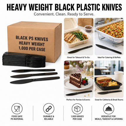 Black plastic knives in a stack and loose pieces, shown next to a brown cardboard box labeled 'BLACK PS KNIVES HEAVY WEIGHT 1,000 PER CASE' on a white background. The image includes usage examples with food containers, catering trays, and event dining scenes, plus feature icons for food safe PS material, durable and reliable, 1,000 knives per case, and versatile for meals, takeout, and catering.