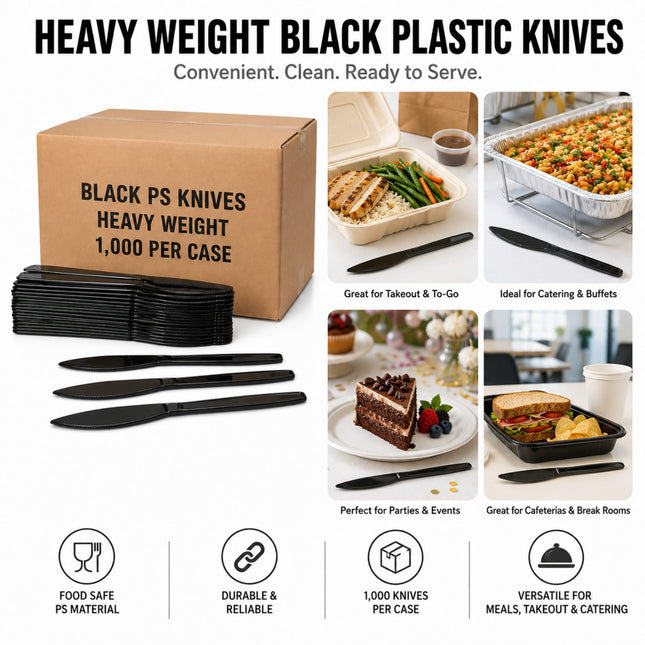 Black plastic knives in a stack and loose pieces, shown next to a brown cardboard box labeled 'BLACK PS KNIVES HEAVY WEIGHT 1,000 PER CASE' on a white background. The image includes usage examples with food containers, catering trays, and event dining scenes, plus feature icons for food safe PS material, durable and reliable, 1,000 knives per case, and versatile for meals, takeout, and catering.