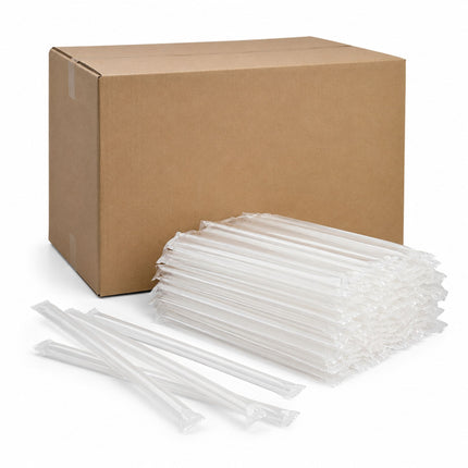 A brown cardboard box with clear plastic bubble mailers and several loose individual bubble strips in front, photographed on a clean white background.