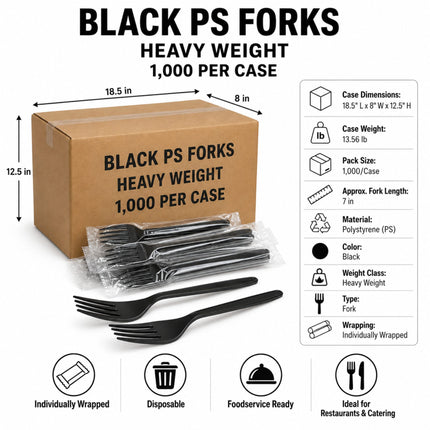 Black PS forks shown with a brown cardboard shipping box and printed product details on a white background. The image includes dimensions, weight, case size, fork length, material, color, and usage icons for disposable foodservice use.