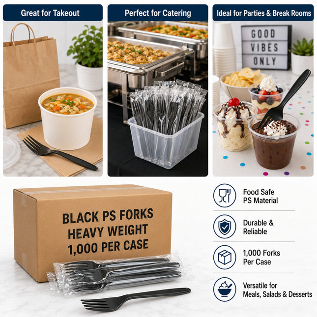 Black plastic PS forks sold in cases, shown with a brown cardboard box labeled 'BLACK PS FORKS HEAVY WEIGHT 1,000 PER CASE,' a tray of wrapped forks, and usage-style panels for catering, parties, and takeout use.