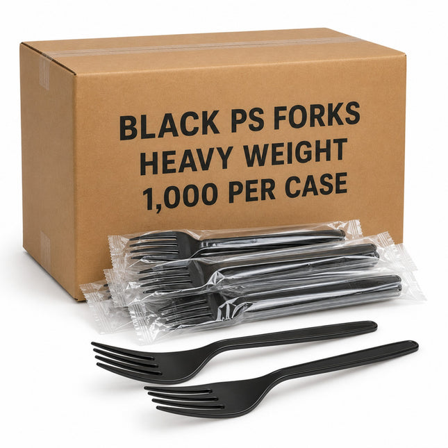 A brown cardboard shipping box labeled 'BLACK PS FORKS HEAVY WEIGHT 1,000 PER CASE' with several packaged black plastic forks in front and two loose black forks displayed on a white background.