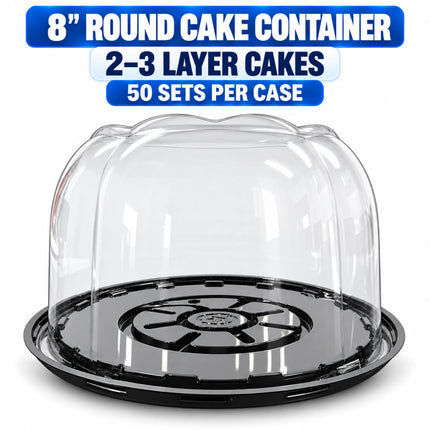 8" Black Round Plastic Cake Container with Clear Dome Lid – 2-3 Layer, 50/Case